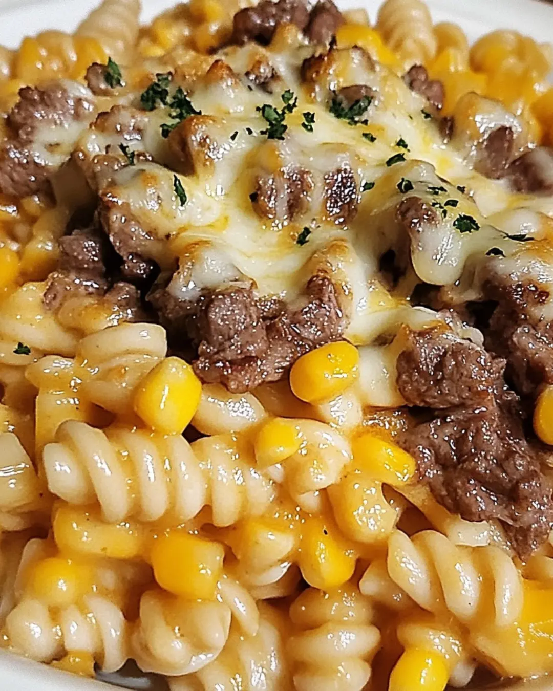 LOADED CHEDDAR RANCH BEEF AND SWEET CORN ROTINI BAKE